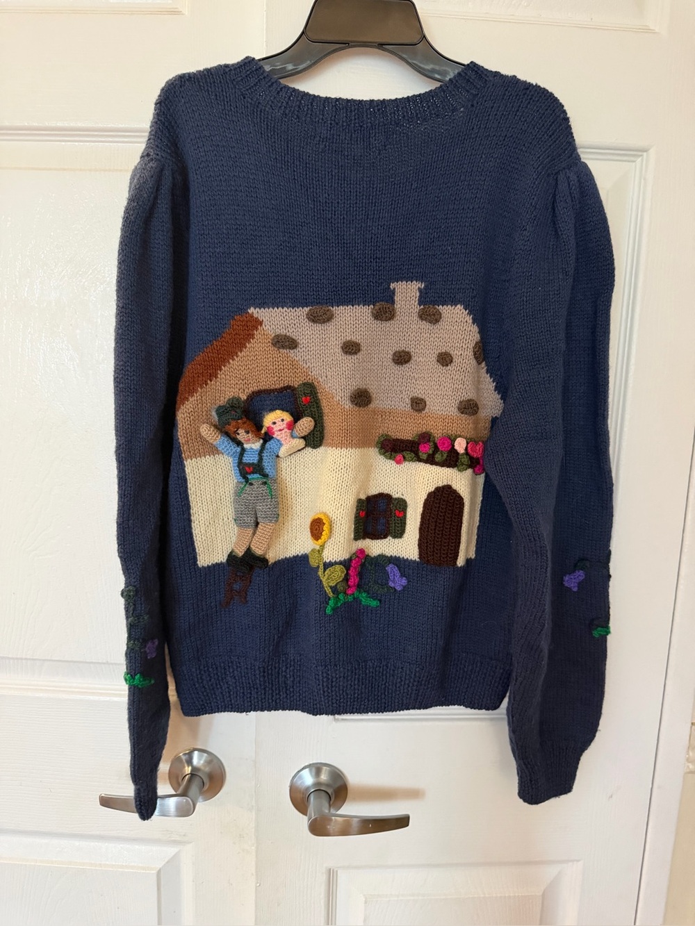 Women's Navy Crewneck Sweater with Embroidered Cottage Motif